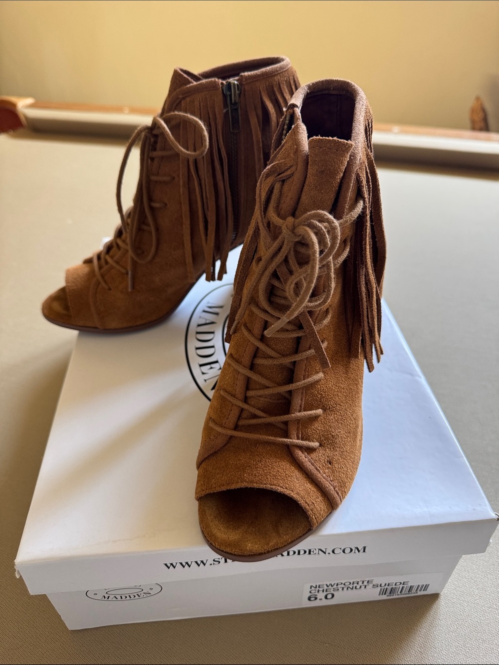 Steve Madden Chestnut Suede Fringe Lace-Up Peep Toe Heeled Booties
